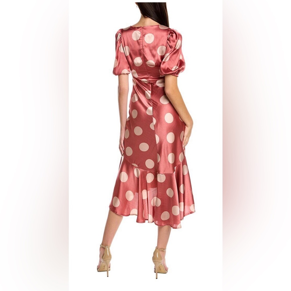 Taylor pink retro satin effect puff sleeve polka dot flounce hem Hi‎ Lo dress